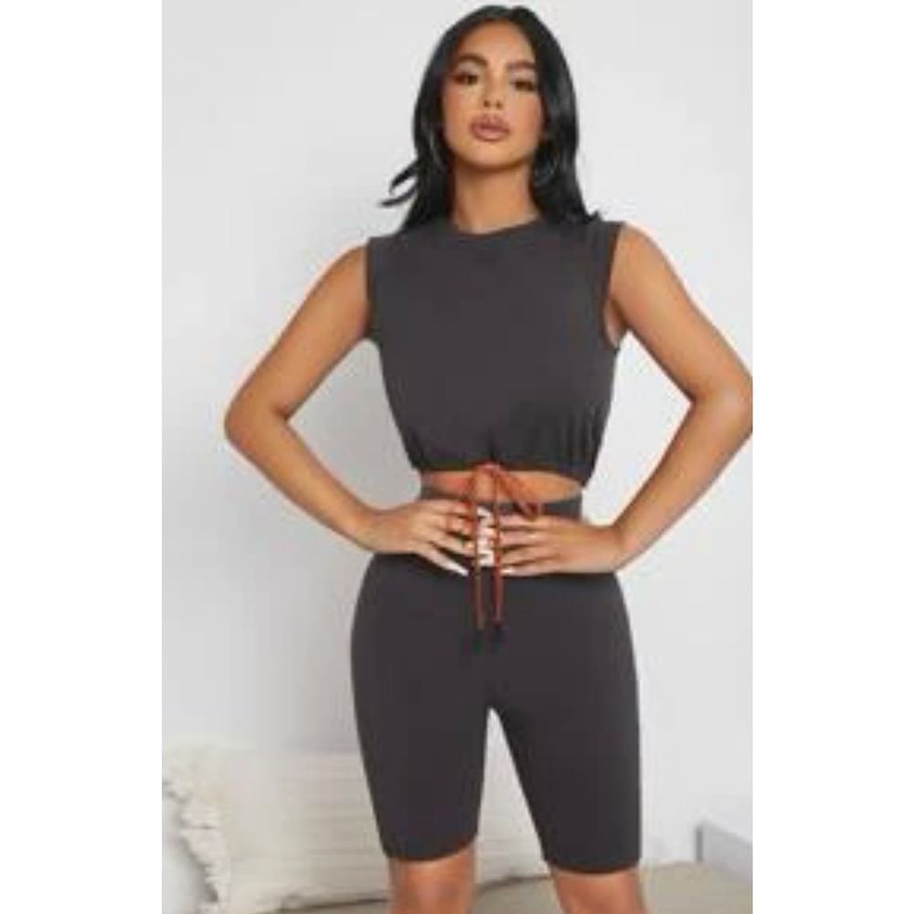 Drawstring hem crop tank top & biker shorts set